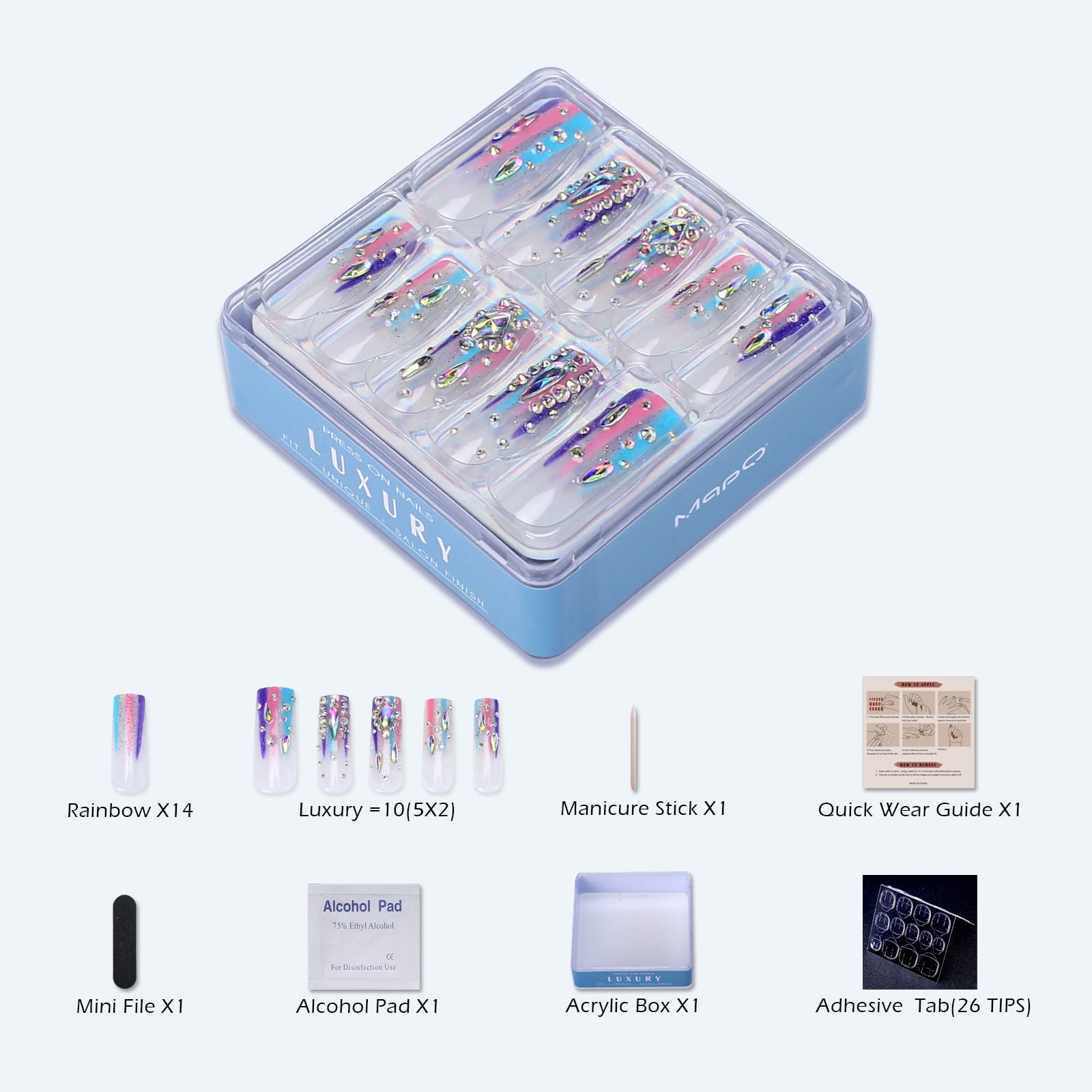 MqpQ Long Square Press On Nails With Rhinestones Luxury Rainbow Extra Fake Nails 24pcs Glossy Full Cover False Nails For Women And Girls - Image 4