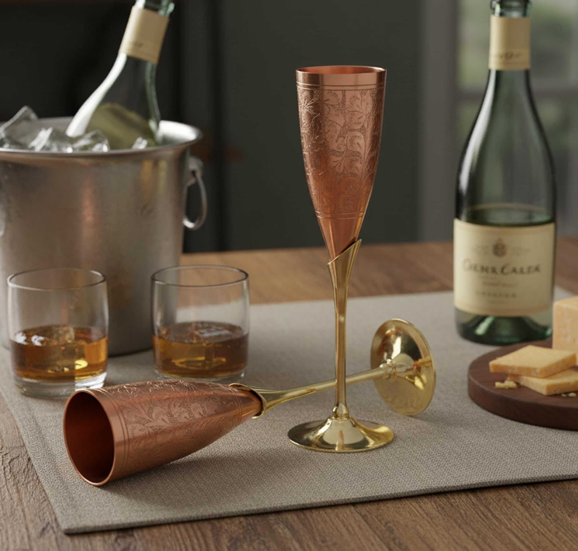 StonKraft Engraved Brass Goblet Champagne Glasses Flutes Coupes Wine Glass Set (Slender Copper)