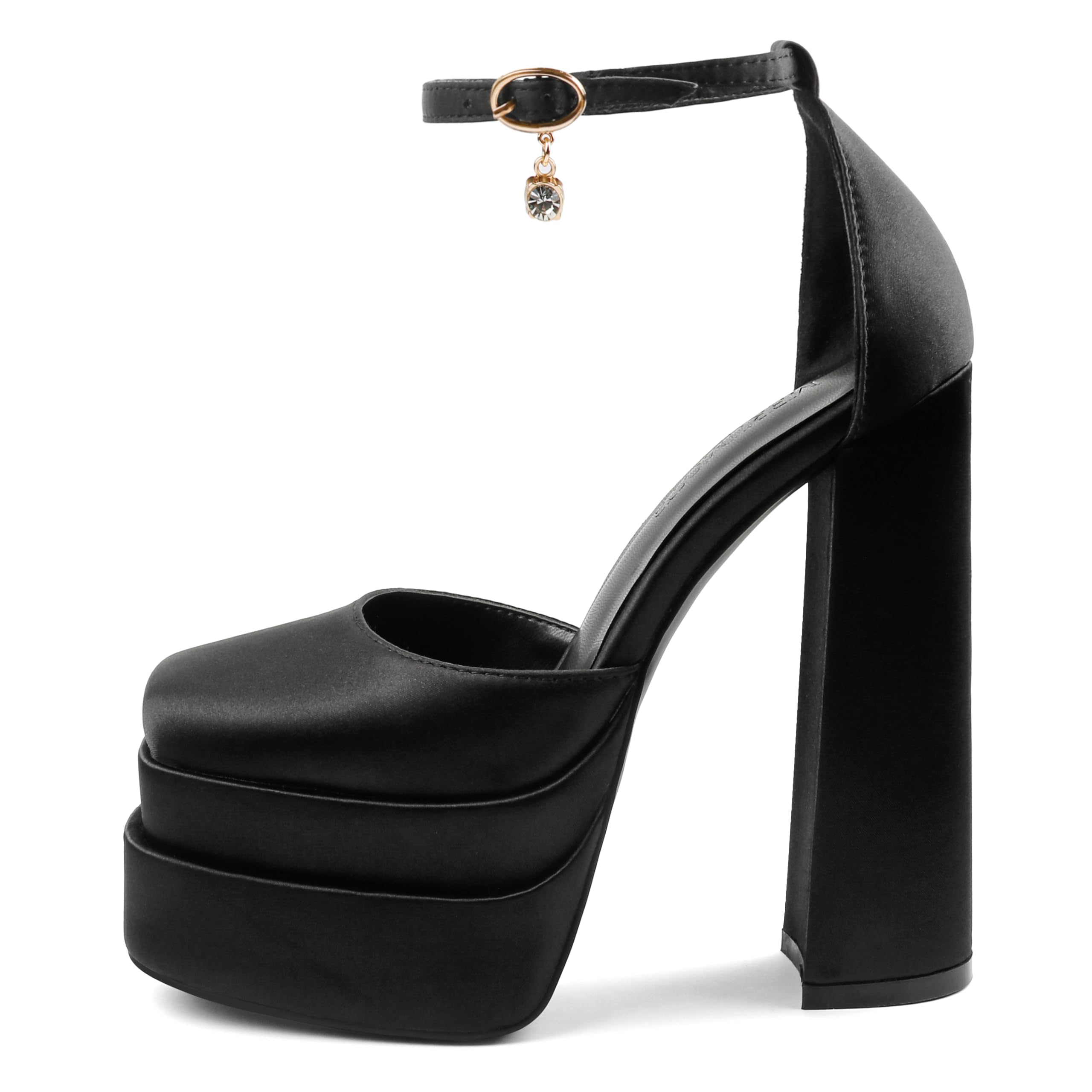 Photo 1 of MERUMOTE Womens Sexy High Heels Platforms Pumps Square Toe Chunky Block Heels Rhinestone Party Shoes Black Satin US6.5