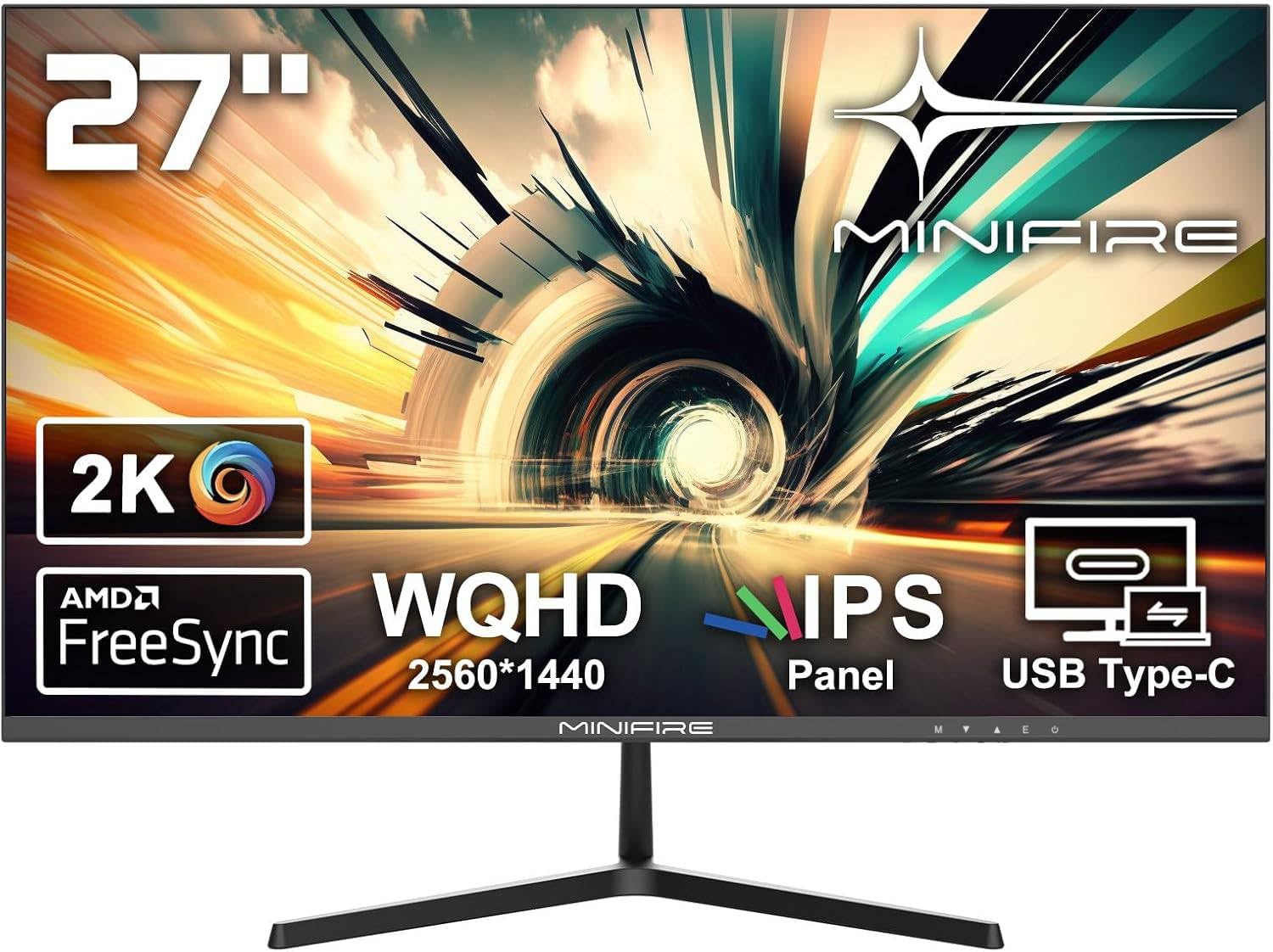 Minifire 27 Zoll Monitor WQHD(2560x1440), IPS, 1ms, FreeSync, 100% sRGB, 75Hz, ltradünner Rahmen, HDMI DP, USB-C Ports, 2 Jahre Garantie -Schwarz