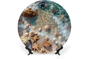 GOKAYS Decorative Plates Starfish & Seashells on The Summer Beach Home Decor Ceramic Plates, Sun Shines on The Sea Display Plates for Living Room, Kitchen Hallway Console Side Table, Gifts for Mom, 8 Inch