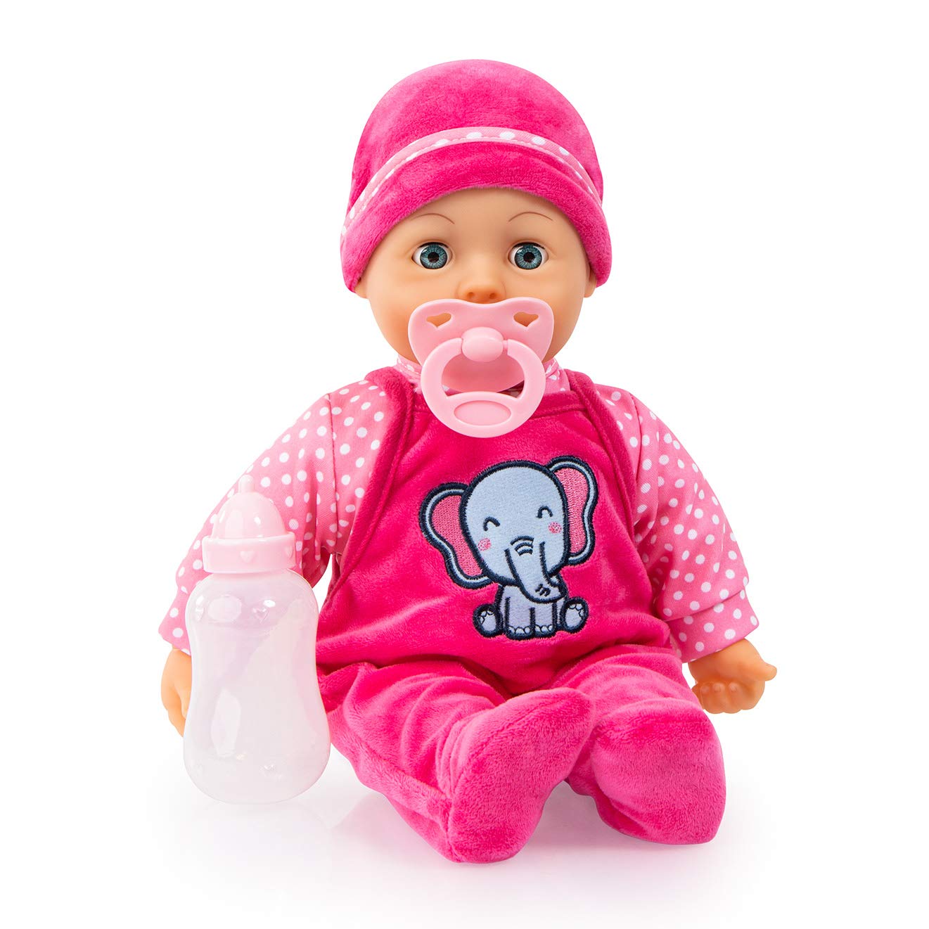 Baby doll Sweet Baby, with soft body, dummy, bottle, sleeping eyes, pink, with elephant, 38cm