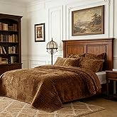 COCOPLOCEUS 3 Pieces Luxurious Velvet Oversized King Quilt Bedding Set 106x118 Striped Bedspread Coverlet Quilted Set with 2 Pillow Shams 20x36 Ultra Soft Comforter for All Season, Caramel