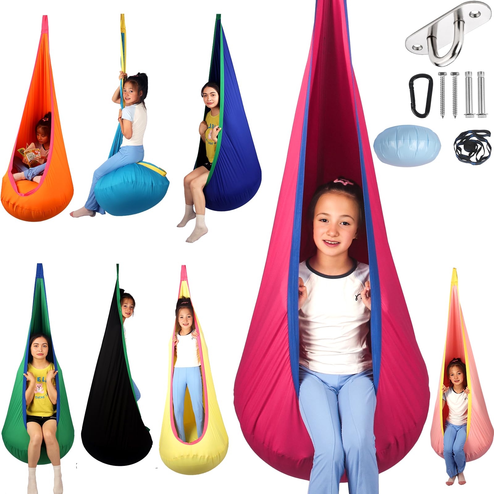 Photo 1 of HiCamer Sensory Swing for Kids indoor and outdoor Pod hammock Chair Seat Upgrade Max 300 lbs Hanging Swing with Inflatable Cushion Includes Hardware Hanger Kit for Aspergers Autism ADHD (Cranberry)