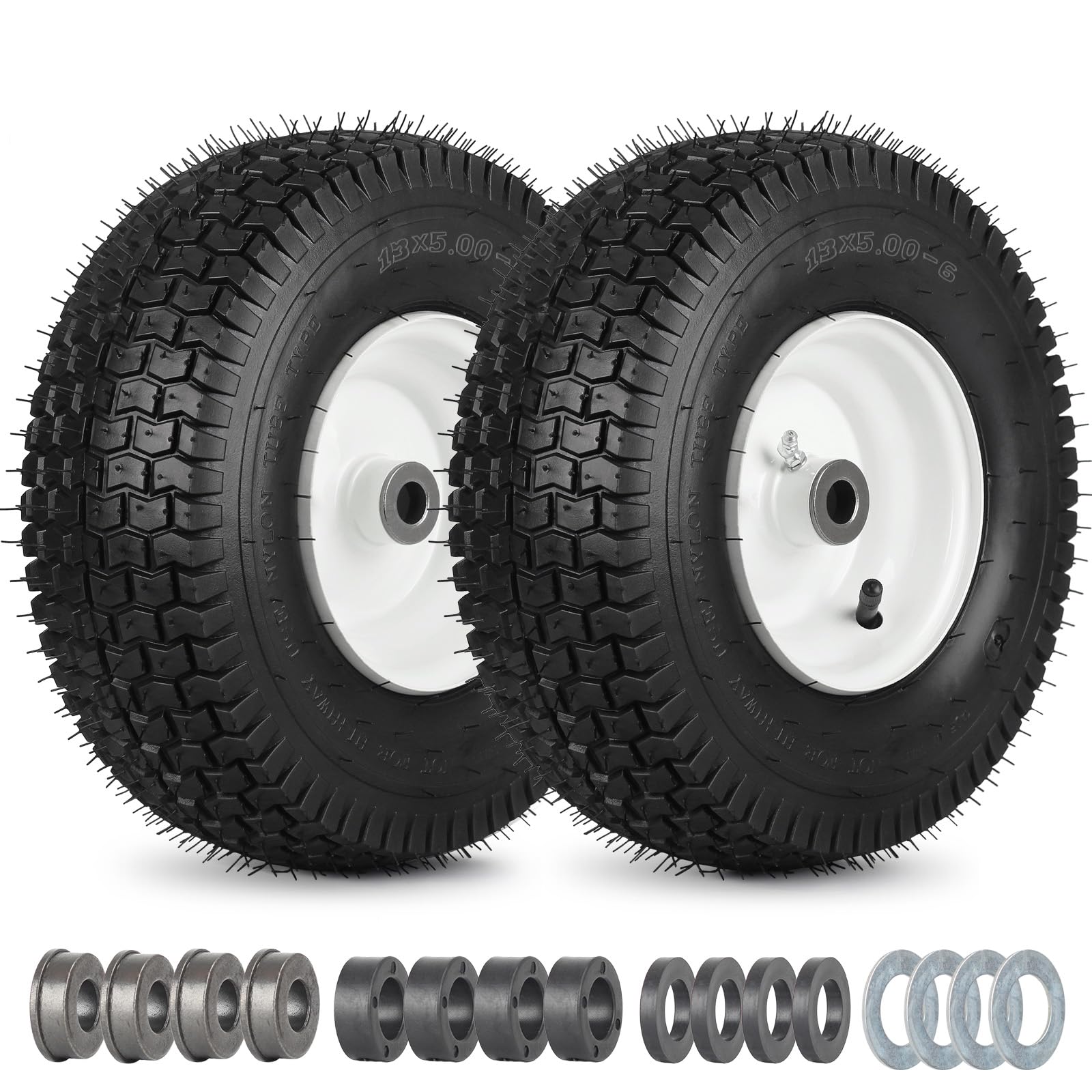 Photo 1 of **JUST WHEELS**GICOOL 13x5.00-6 Rubber Lawn Mower Tire and Wheel, 2 Pcs Replacement 13x5-6nhs Riding Mowers Lawn Pneumatic Tire with 3/4" Bushing, 3" -4.5" Centered Hub