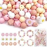 EYUNSTAR 150 Pcs Boho Daisy Silicone Beads Bulk Set, 12mm & 15mm Round, 14mm Hexagon, 20mm Daisy, 4 Colors Pink Flower Loose Silicone Focal Beads for Necklace Bracelet Pens Making