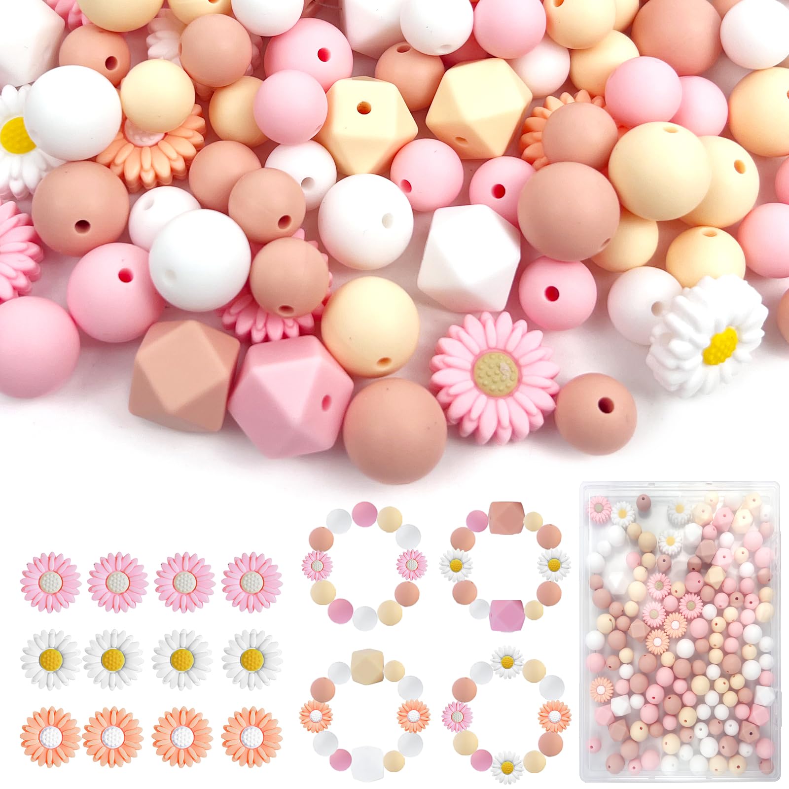 Photo 1 of 150 Pcs Boho Daisy Silicone Beads Bulk Set, 12mm & 15mm Round Beads, 14mm Hexagon Beads, 20mm Daisy Beads, 4 Colors Pink Flower Loose Silicone Focal Beads for Necklace Bracelet Pens Making