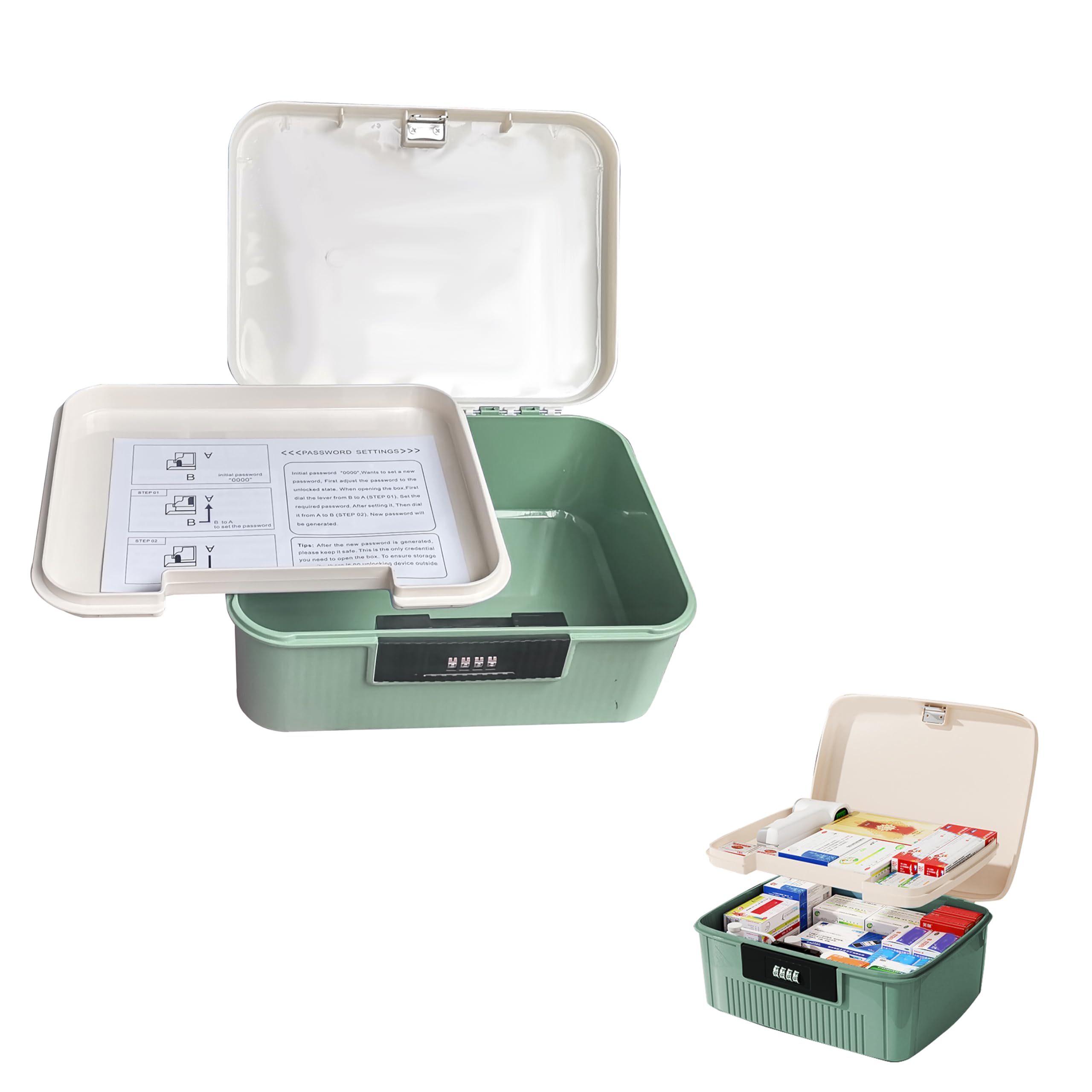 BGTODO Lockable Medicine Organizer Box, 20 x 25 x 10 cm, First Aid Storage Empty Box with Combination Locks (Green)