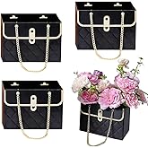 4 Pcs Flower Paper Gift Box, Waterproof Bouquet Storage Bucket Florist Handbag with Metal Chain Flower Boxes for Arrangements for Wedding Mother's Day Birthday Bridal Shower Gift Wrap Craft (Black)