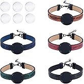FASHEWELRY 5Pcs PU Leather Cord Bracelet Blanks Bezel Tray Settings Black Flat Round Tray Cabochons Adjustable Round Tray Bracelet Kits with Glass Cabochons for Jewelry Making