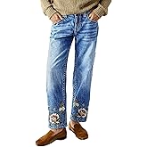 Flamingals Mid Rise Straight Leg Jeans for Women Floral Embroidery Stretchy Wash Vintage Denim Jeans