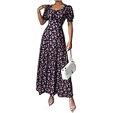 Floerns Women's Floral Short Puff Sleeve Milkmaid Dress Boho A Line Long Dresses
