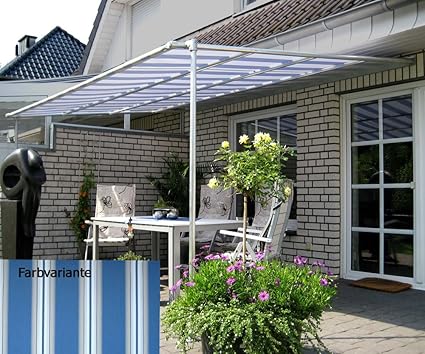 LECO Vlexy Standard Terrassenüberdachung 3 x 4m Standmarkise Sonnenschutz Sonnensegel Venezia Blau gestreift