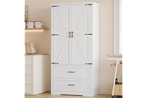 BORNOON Pantry Organizers and Storage Cabinet, 71” Barn Door White Kitchen Cabinet with Drawers and Adjustable Shelf, Tall Pantry for Kitchen, Dining Room, Living Room. Bathroom and Office