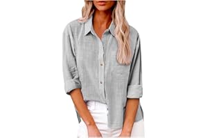 HUEAHDOU Womens Cotton Linen Button Down Shirt 2024 Fall Casual Long Sleeve Solid Color Shirts Loose Work Tops with Pockets