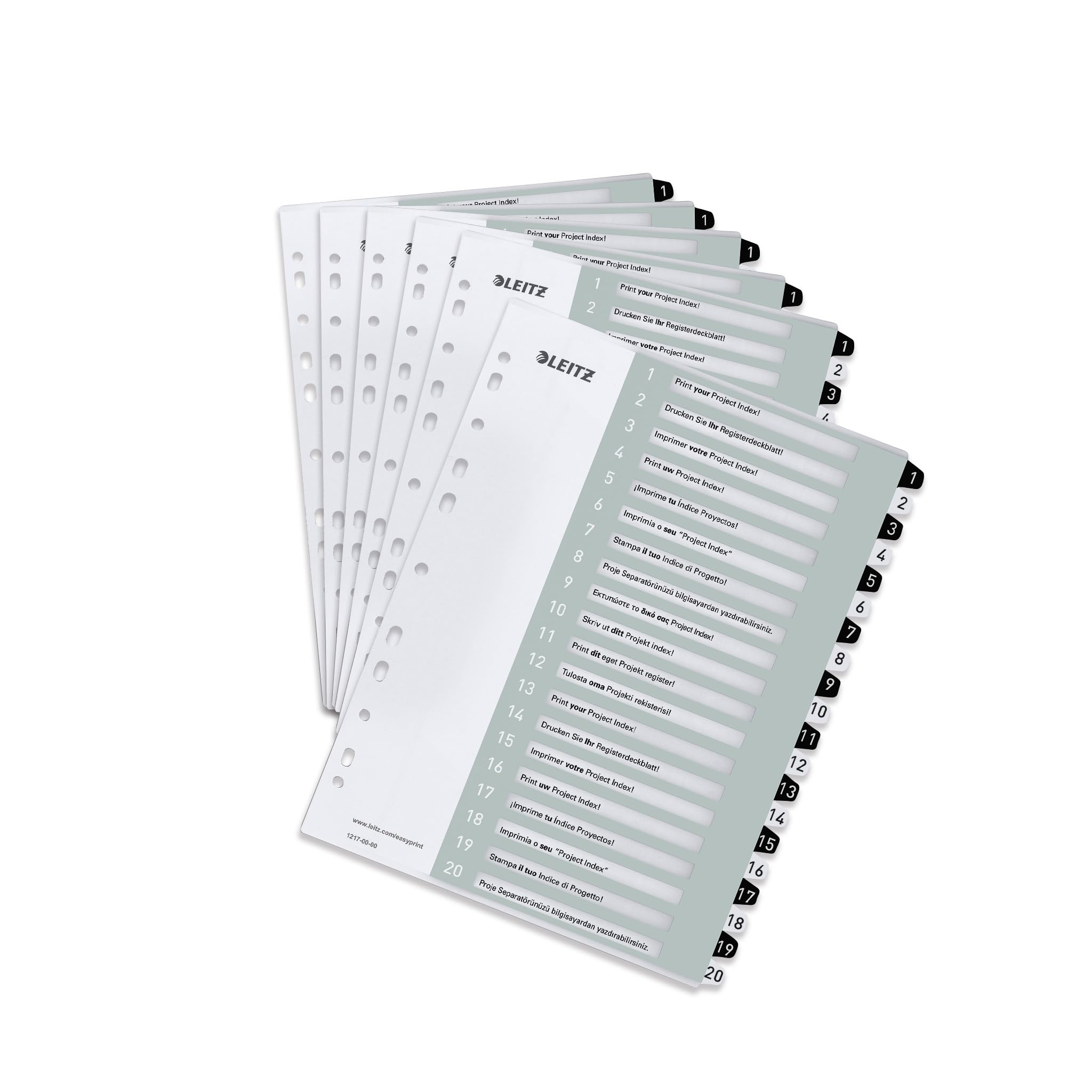Leitz Index for A4, Pack of 6, PC-Writable Cover Sheet and 20 Dividers, Tabs with Number Print 1-20, Extra Width, White/Black, Polypropylene, Wow, 12170000 — image 1