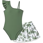 Glaoly Girls Swimsuit One Piece Swimwear Top with Tropical Print Cover Up Skirt Girls Bathing Suit 7-16 Years