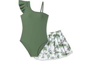 Glaoly Girls Swimsuit One Piece Swimwear Top with Tropical Print Cover Up Skirt Girls Bathing Suit 7-16 Years
