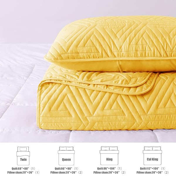 WHALE FLOTILLA SOFT KING SIZE QUILT SET FOR ALL SEASONS, 3-PIECE ULTRASONIC GEOMETRIC QUILTS BEDDING SET, LIGHTWEIGHT REVERSIBLE BEDSPREAD, COVERLET, BED COVER WITH 2 PILLOW SHAMS, YELLOW