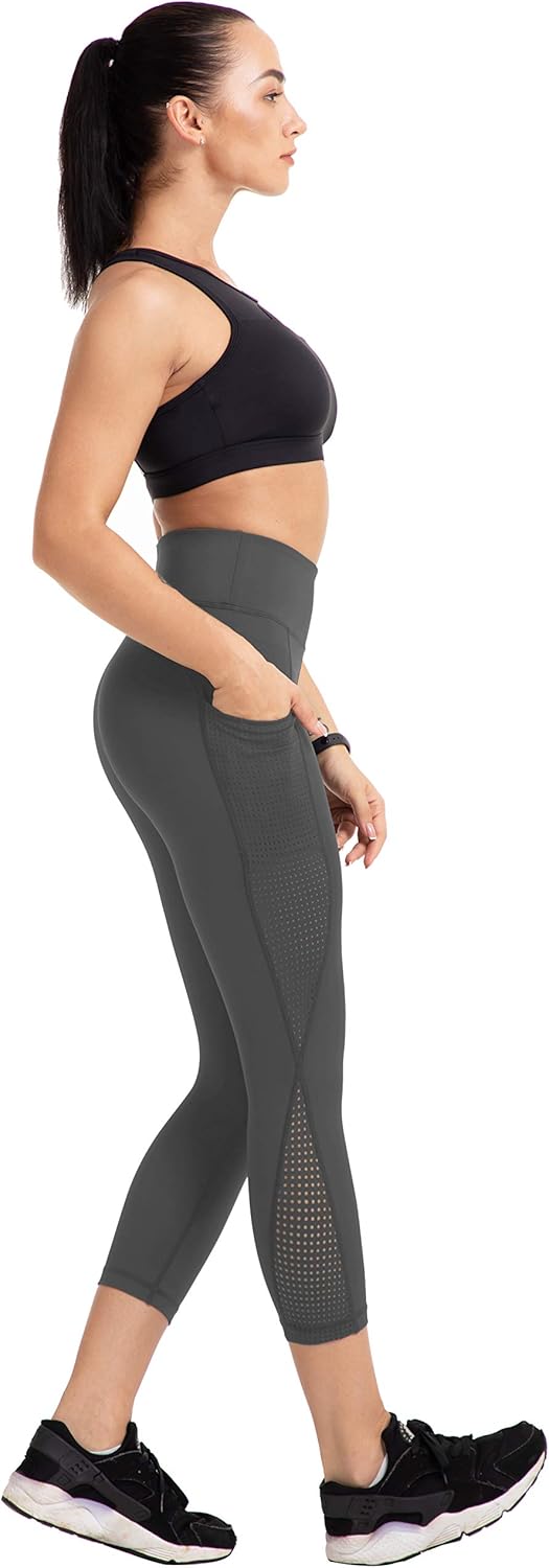 UURUN High Waist Yoga Pants Capri Workout Running Leggings with Pockets - Non-See-Through Fabric: Clothing
