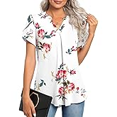 Anyhold Women's Summer Dressy Chiffon Blouse Notch V Neck Petal Sleeve Tops Loose Casual Cute Shirts for Work