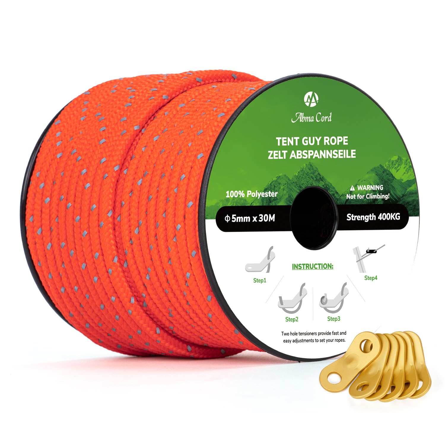 Abma Cord Tent Guy Ropes 5mm 30M Guy Line 6 Pcs Guy Rope Tensioners Heavy Duty Guide Rope for Camping, Gazebos, Awning, Tarp - Reflective Neon Orange