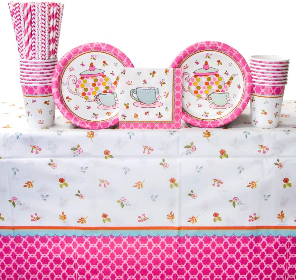 Tea Time Party Supplies Pack for 16 Guests: Straws, Dessert Plates, Beverage Napkins, Cups, and Tablecover (Bundle for 16)