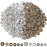 PONABEADIY 1 Box 360PCS 12 Styles Tibetan Spacer Beads with Holes Gold Silver Metal Alloy Rondelle Snowflake Flower Flat Round Bead Bulk for Jewelry Making Necklace Bracelet Earring DIY Craft Supply