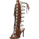 FancyQueen Gladiator Heels Knee High Heels for Women Open Toe Stiletto Suede Fringe Boots Lace up Strappy Peep Toe High Sandal Boots