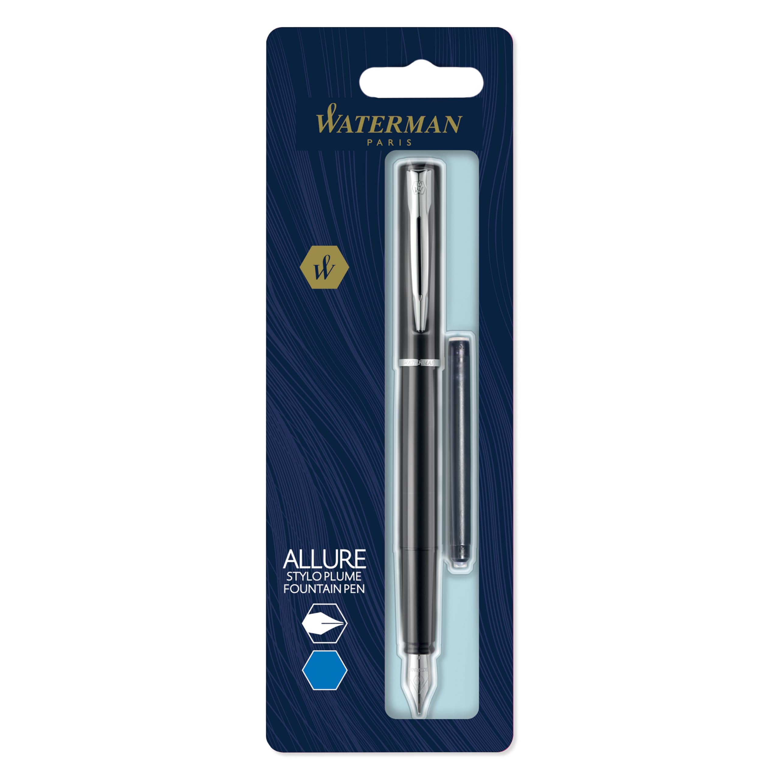 Waterman Allure Fountain Pen | Black Lacquer | Fine Nib | Blue Ink