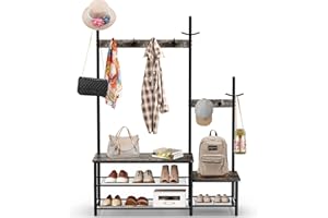 PABRONI Parent-Child Hall Tree Coat Rack Shoe Bench Entryway Sturdy Shoe Storage Shelf Organizer, 3-in-1 Functional Industrial Rustic Wood Metal Furniture for Entrance, Foyer, Mudroom