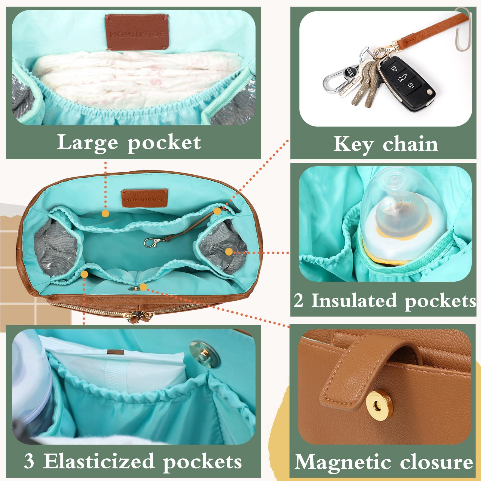 MOMINSIDE Organizer With Insulated Cup Holders, 10 Pockets Accessories Leather, Universal Stroller Caddy, Adjustable Straps, Zippered Pocket, Fit All Strollers (Brown)