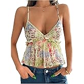 Verdusa Women's Floral Mesh Ruffle Camisole Tops Sleeveless Lettuce Trim Peplum Tops