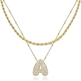 NEKOL A Bubble Letter Necklace for Women, Layering Balloon Initial Letter Zirconia Rhinestone Letter Necklaces Chunky Gold Necklace 2PCS