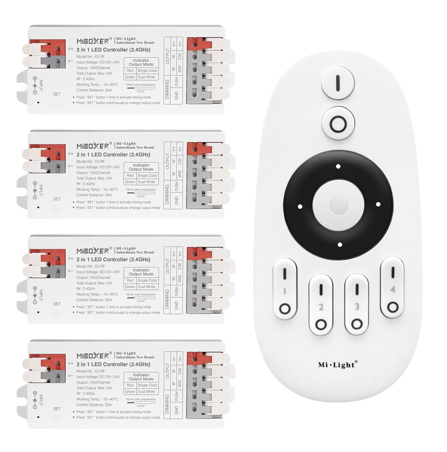LIGHTEU®, Milight Miboxer 2 in 1 LED Controller (2.4GHz) single color and dual white LED strip controller DC12V/24V, PWM high/low Frequency, Support Push dim, 4x E2-RF + FUT007