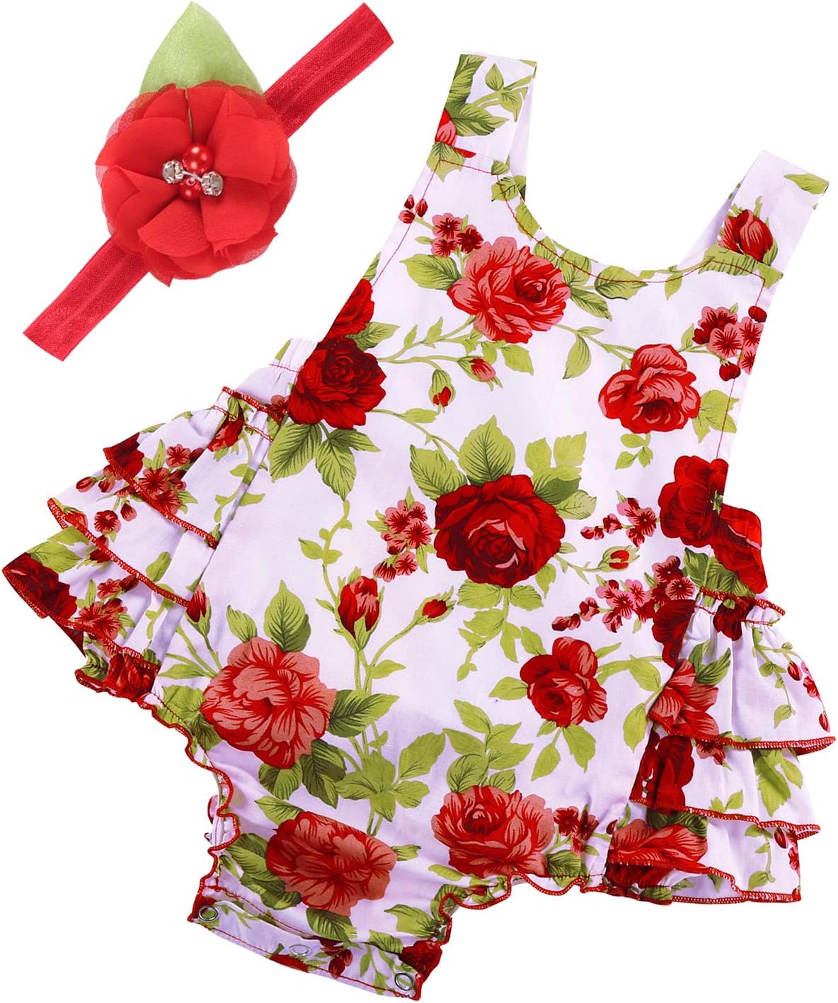 Baby Girl's Floral Print Ruffles Romper Summer Clothes with Headband