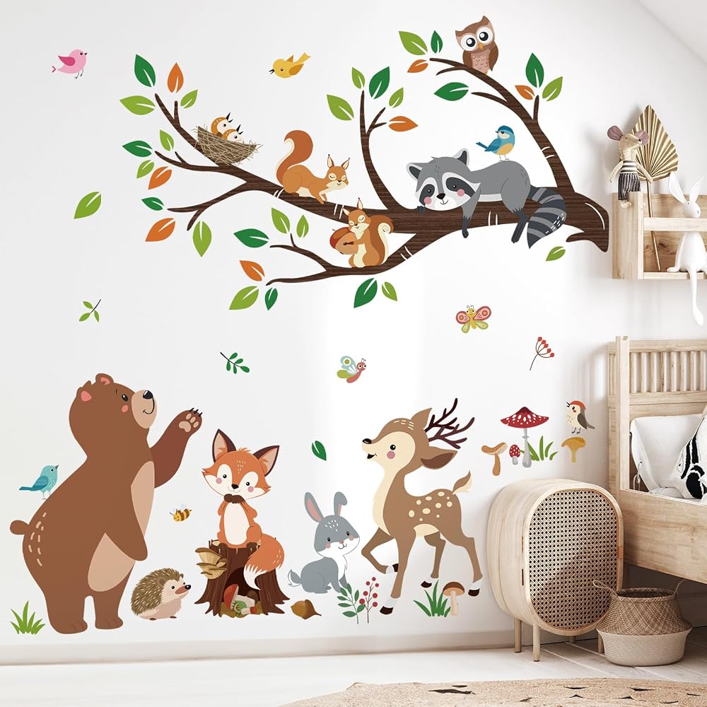 decalmile Woodland Animal Tree Branch Wall Decals 2 Sheets 96x91 cm