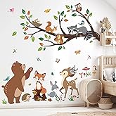 decalmile Woodland Animal Tree Branch Wall Decals Bear Fox Deer Forest Wall Stickers Kids Room Baby Nursery Bedroom Wall Decor