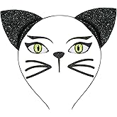 Merroyal Glitter Cat Ears Headband with Cat Face Jewels, Halloween Costume Accessory (Black)