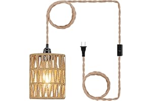 EcoGehen Boho Plug in Pendant Light, Hanging Light with Plug in Cord, Ceiling Lamp Rattan Cylinder Lamp Shade On-Off Switch, Hanging Plant Shelf Shelves Bohemian Decor for Bedroom Living Room Corner