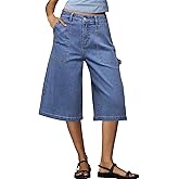 Dokotoo Womens High Waisted Stretch Wide Leg Cargo Denim Shorts Casual Below The Knee Length Jean Shorts with Pockets