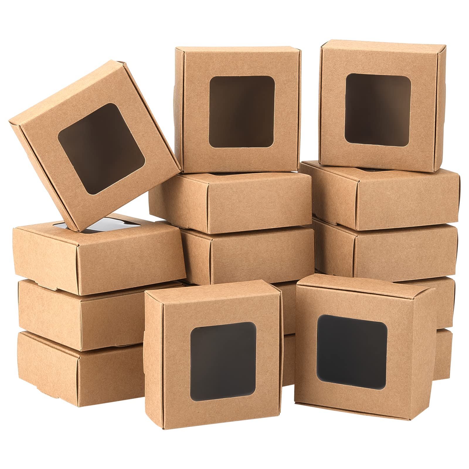 BENECREAT 28 Packs 8.5x8.5x3.5cm Kraft Paper Box with Clear Windows, Paper Gift Box Jewelry Boxes for Party Favor Treats Bakery Packaging