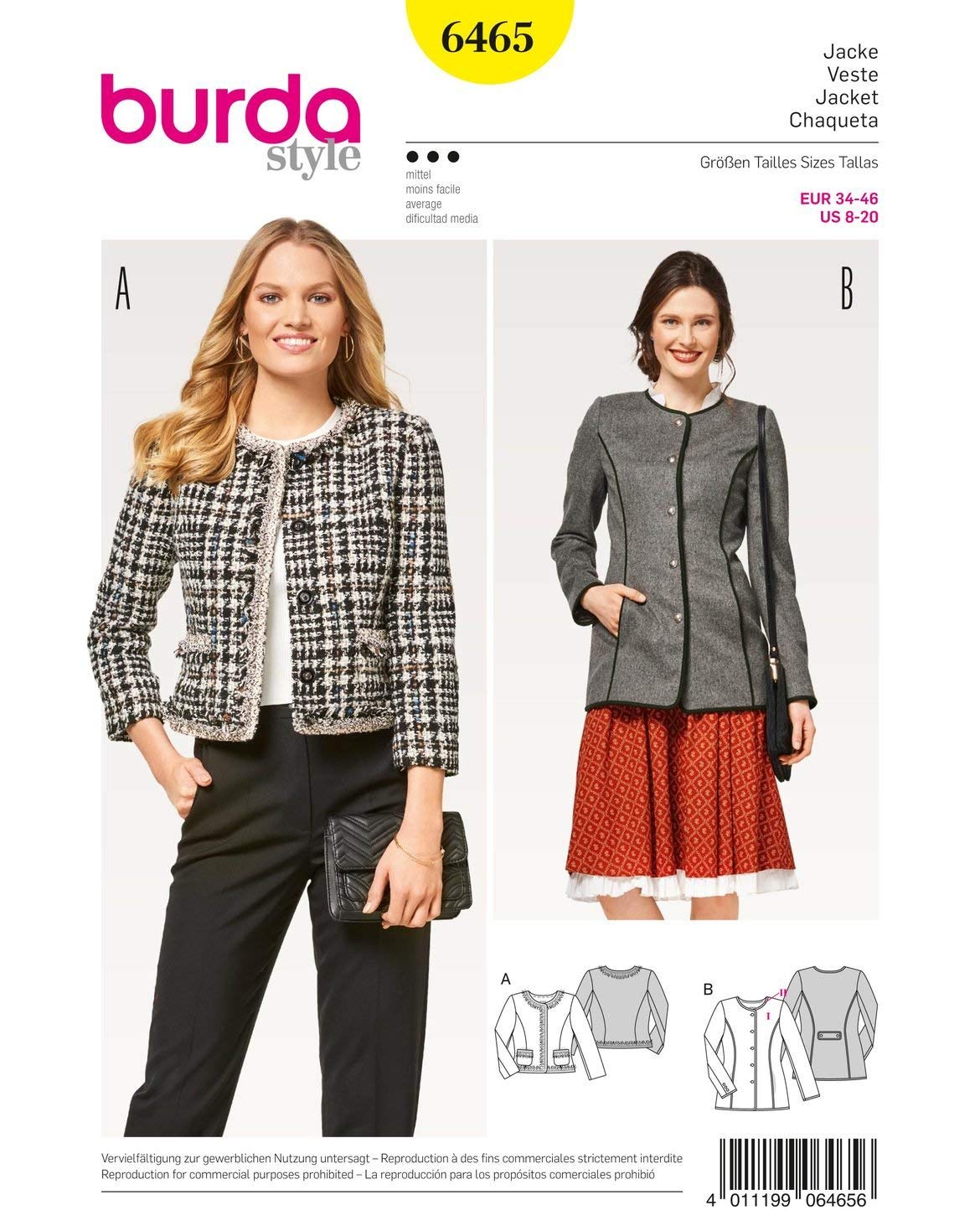 Burda Style Sewing Pattern B6465 Misses' Collarless Jacket