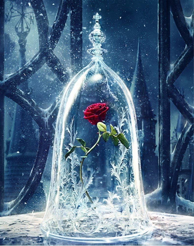YEESAM ART Paint by Numbers for Adults Kids, Roses in Glass Dome, Enchanted Rose Flowers, Beauty and The Beast 16x20 Inch Linen Canvas Acrylic DIY Number Painting Kits Wall Art Decor (Without Frame)