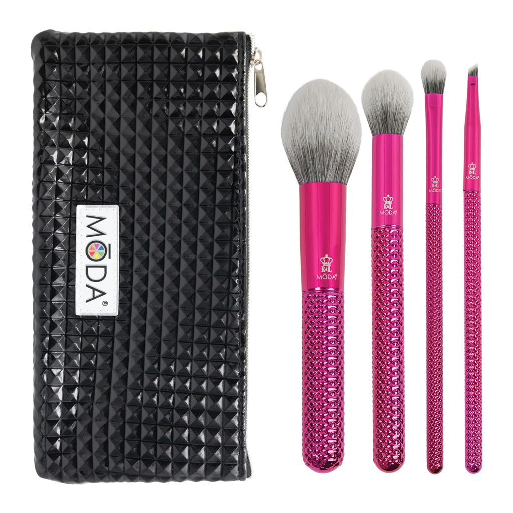 Moda Royal & Langnickel Full Size Metallic Picture Perfect 5pc Makeup Brush Set with Pouch, Includes - Blush, Contour, Shader, Angle Liner Brushes, Metallic Pink, BMD-MPP5