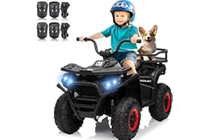 24V 4x4 Ride on Toys Car, BLISSRIDE Kids ATV Quad w/Kneepads, Bluetooth Music, LED Lights, Rear Storage Rack, DIY Reflective Stickers, Spring Suspension, Electric 4 Wheeler for Kids Boys Girls, Black
