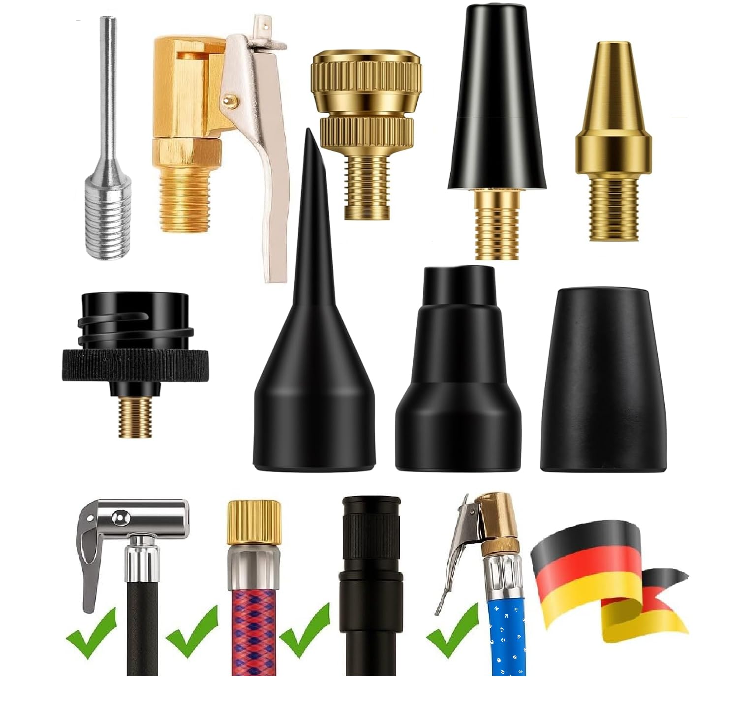 9 Piece Air Compressor Nozzle and Adapter Set - With Ball Needle, Blow Gun, Tapered Nozzles, Brass & Plastic Adapters - Compatible with Standard Air Tubes and Tyre Inflators