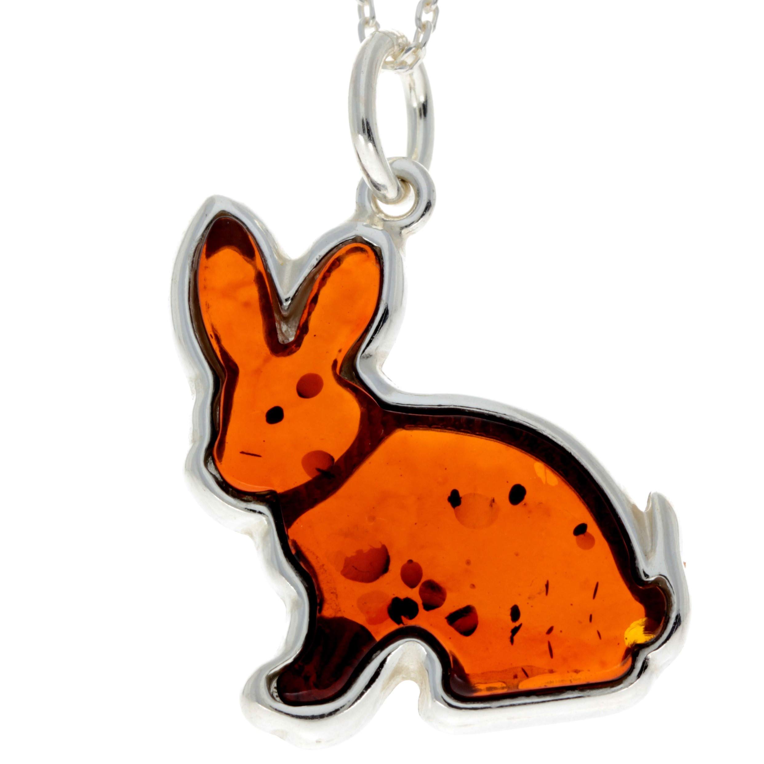 Genuine Cognac Baltic Amber & Sterling Silver Bunny Rabbit Pendant without Chain - AD221C