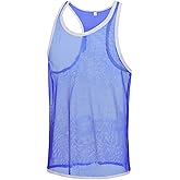 HASWECHYS Mens Mesh Tank Tops Sheer Sexy Fishnet Sleeveless See Through Muscle Workout Glitter Sparkly 1 Blue L