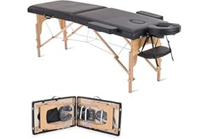 YOUNIKE Portable Foldable Massage Table - Adjustable Height Lightweight Wooden Frame Spa Bed for Tattoo, Facial, Lash, Physical Therapy, Home & Salon Use with Accessories & Non-Woven Bag, Black